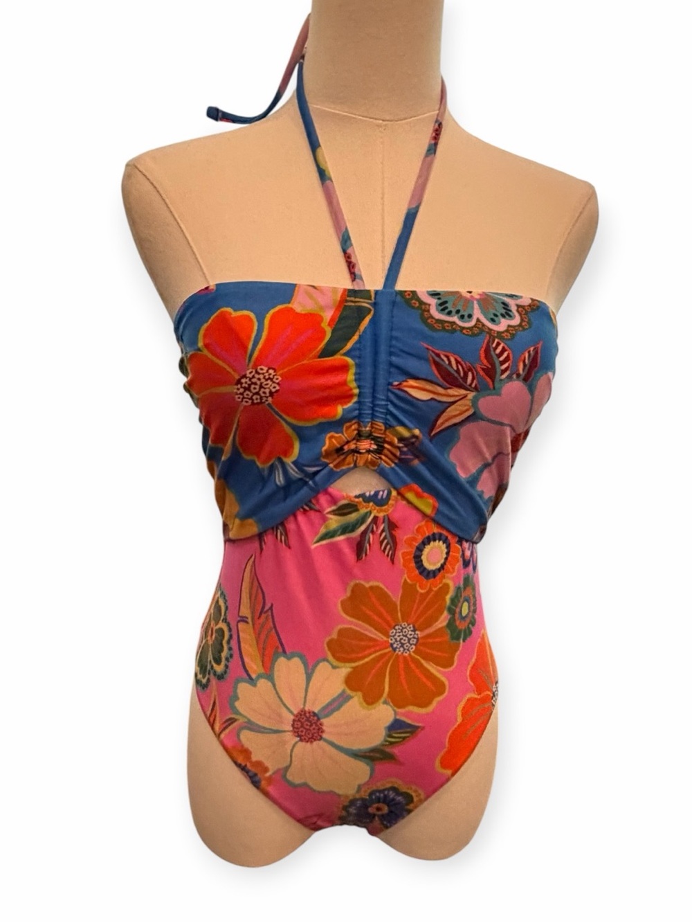 Farm Rio Floral One Piece Swimsuit Small Halter Cutout Pink Blue NWT